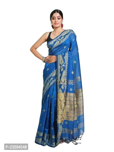 BARNALI SAREE HOUSE Women's Handloom Soft Comfortable  Breathable Saree With Unstitched Blouse (Blue)