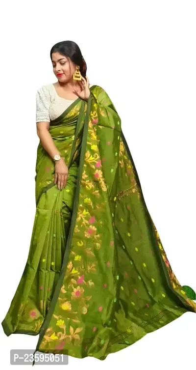 BARNALI SAREE HOUSE Women's Handloom Soft Comfortable  Breathable Saree With Unstitched Blouse (Green)