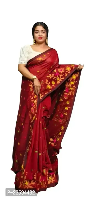 BARNALI SAREE HOUSE Women's Handloom Soft Comfortable  Breathable Saree With Unstitched Blouse (Red)