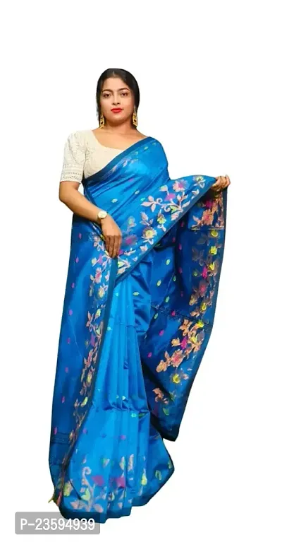 BARNALI SAREE HOUSE Women's Handloom Printed Soft  Comfortable Saree With Unstitched Blouse (Light Blue)