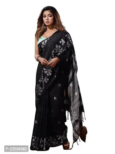 BARNALI SAREE HOUSE Women's Handloom Soft  Comfortable Breathable Saree With Unstitched Blouse (Black)