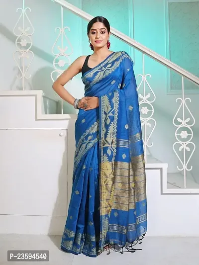 BARNALI SAREE HOUSE Women's Handloom Soft Comfortable  Breathable Saree With Unstitched Blouse (Blue)-thumb3