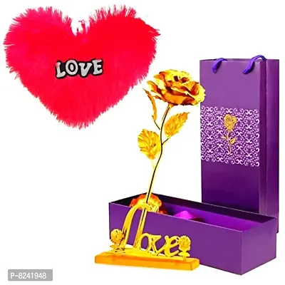 Piybha Store Valentine Cushion Pillow And Golden Rose With Love Stand For Lovers , Valentine Gift Set , Gift For Boys , Gift For Girls