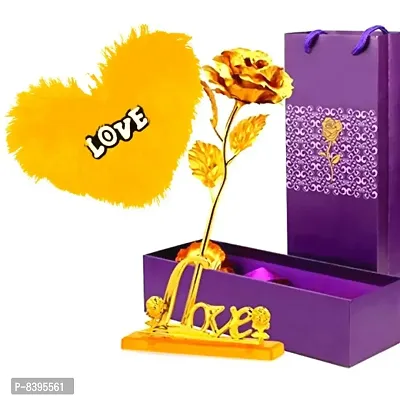 Valentine Gift Set With 24 Golden Rose And One Heart Shape Yellow pillow