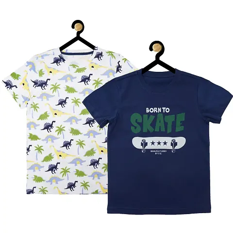 Stylish Multicoloured Cotton Printed Tees For Boys Set Of 2