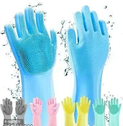 Useful Silcion Gloves For Dishwashing, Washing Utensils Silicone Dishwashing Cleaning Gloves For Kitchen Washing With Scrubber-thumb0