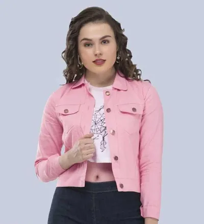 AYRIN AYJ00223 Women's Full Sleeve Solid Regular Denim Jacket (Light pink, S)