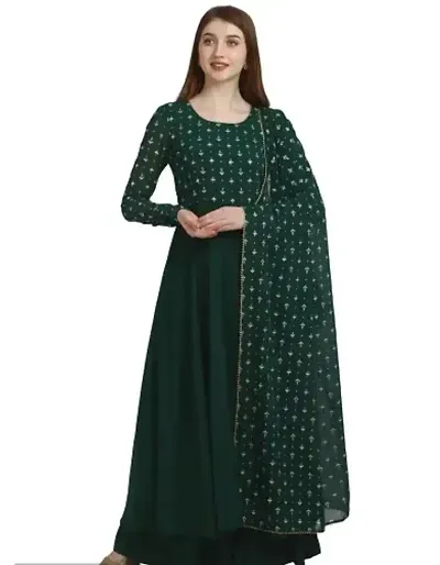 Flared long crepe kurti set with Georgette dupatta in BOTTLE color