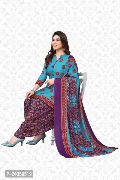 Elegant Blue Cotton Printed Dress Material with Dupatta For Women-thumb0