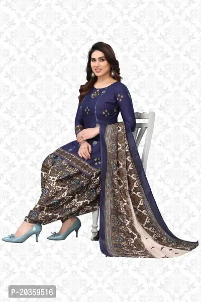 Elegant Navy Blue Cotton Printed Dress Material with Dupatta For Women