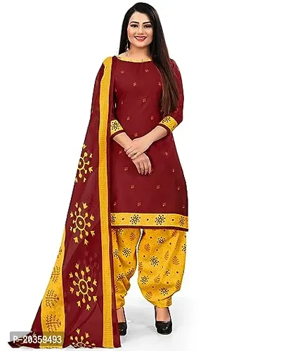 Elegant Maroon Cotton Printed Dress Material with Dupatta For Women-thumb0