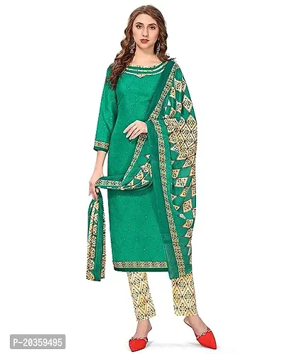 Elegant Green Cotton Printed Dress Material with Dupatta For Women-thumb0