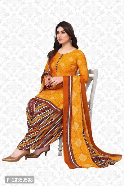 Elegant Yellow Cotton Printed Dress Material with Dupatta For Women-thumb0