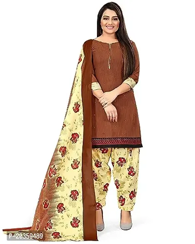 Elegant Brown Cotton Printed Dress Material with Dupatta For Women-thumb0