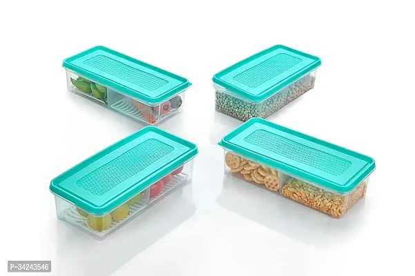 Partition Fridge Storage Boxes Fridge Organizer with Removable Drain Plate and Lid Stackable Freezer Storage Containers for Fish Meat Fruits Vegetables Pack of 4