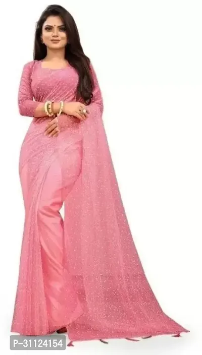 Beautiful Net Pink Woven Design  Saree with Blouse piece For Women-thumb0