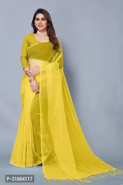 Elegant Yellow Net Saree with Blouse piece For Women-thumb0