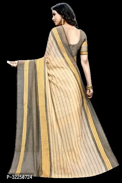 Stylish Beige Cotton Silk Striped Saree with Blouse piece For Women-thumb2