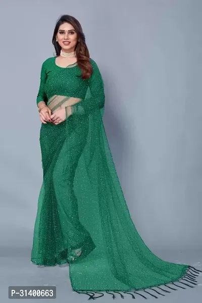 Beautiful Net Green Woven Design  Saree with Blouse piece For Women-thumb0