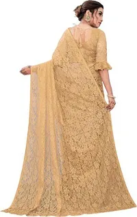 Stylish Beige Net Saree with Blouse piece For Women-thumb1