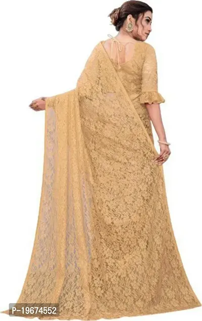 Stylish Beige Net Saree with Blouse piece For Women-thumb2