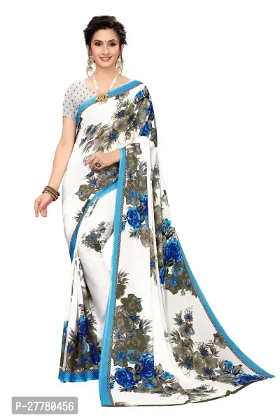 Stylish Georgette Blue Printed Saree With Blouse Piece For Women