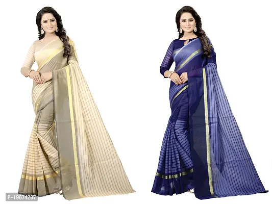 Women Stylish Cotton Silk Striped Saree with Blouse piece-thumb0