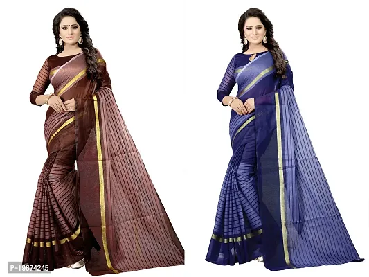 Women Stylish Cotton Silk Striped Saree with Blouse piece-thumb0