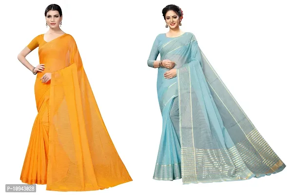 Stylish Cotton Blend Saree With Blouse Piece For Women Pack Of 2