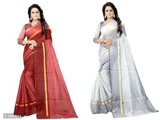 Women Stylish Cotton Silk Striped Saree with Blouse piece