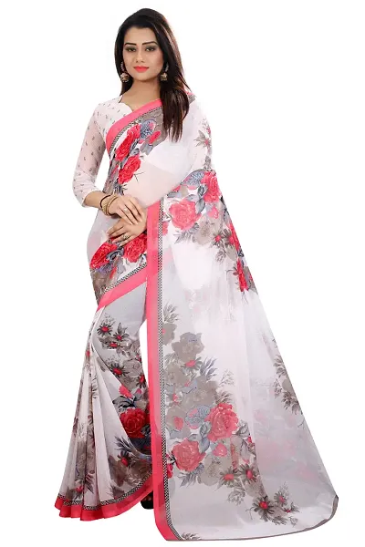 Georgette White Floral Printed Sarees With Blouse Piece