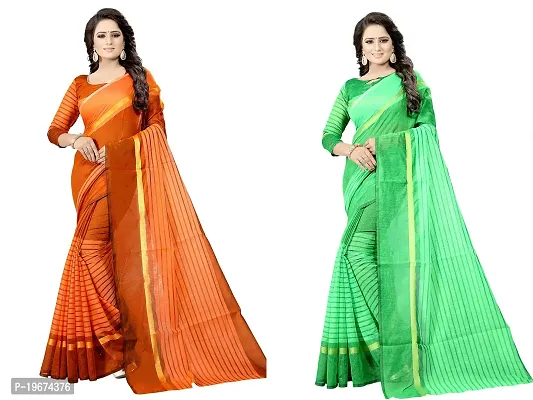 Women Stylish Cotton Silk Striped Saree with Blouse piece