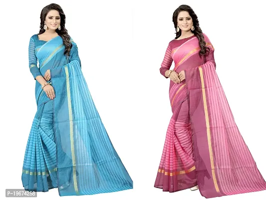 Women Stylish Cotton Silk Striped Saree with Blouse piece