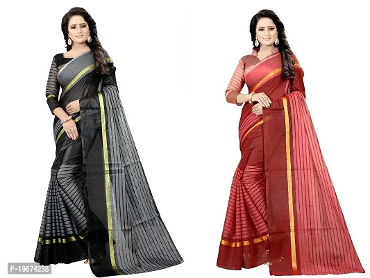 Women Stylish Cotton Silk Striped Saree with Blouse piece