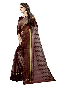 Stylish Coffee Cotton Silk Striped Saree with Blouse piece For Women-thumb1