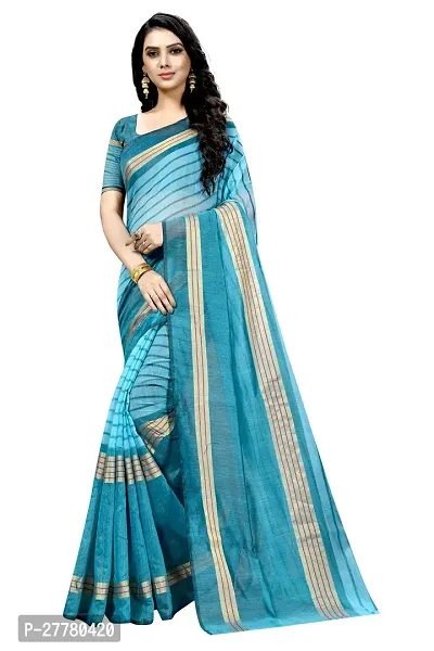 Stylish Blue Cotton Silk Saree with Blouse piece For Women-thumb0