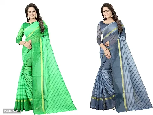 Stylish Fancy Cotton Silk Daily Wear Striped Saree With Blouse Piece For Women Pack Of 2-thumb0