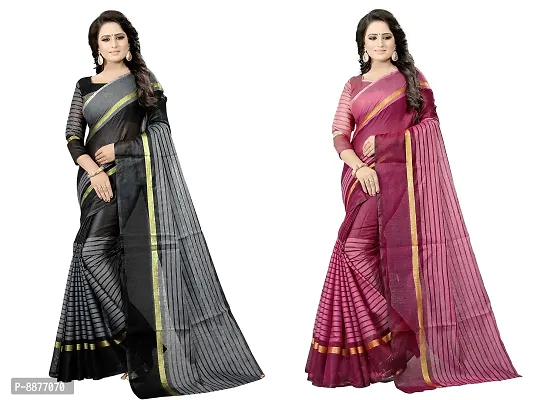 Stylish Fancy Cotton Silk Daily Wear Striped Saree With Blouse Piece For Women Pack Of 2-thumb0