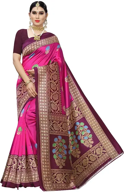 Stylish Art Silk Pink Printed Saree With Blouse Piece
