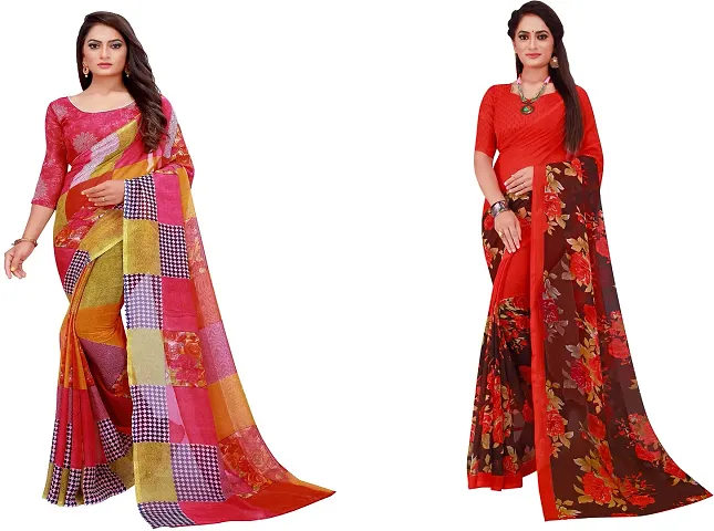 Elegant Daily Wear Georgette Women Saree With Blouse Piece -Pack Of 2