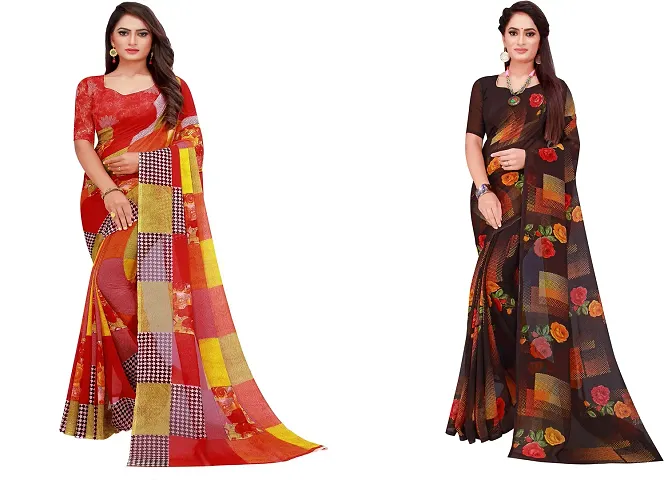 Elegant Daily Wear Georgette Women Saree With Blouse Piece -Pack Of 2