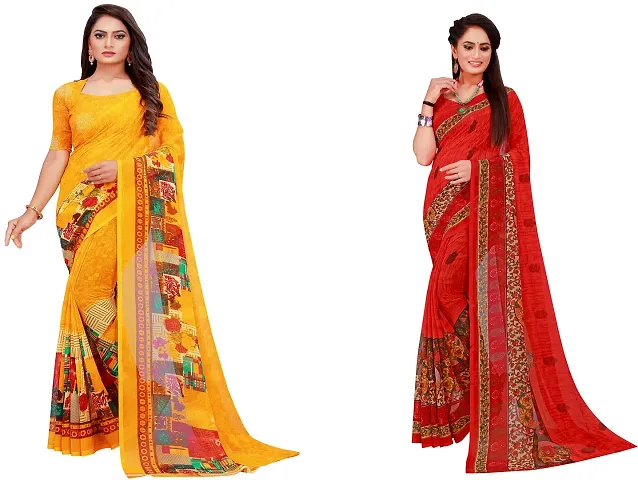 Stylish Fancy Georgette Saree With Blouse Piece Combo For Women Pack Of 2