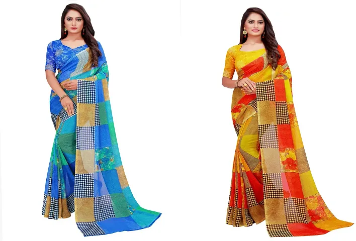 Stylish Fancy Georgette Saree With Blouse Piece Combo For Women Pack Of 2