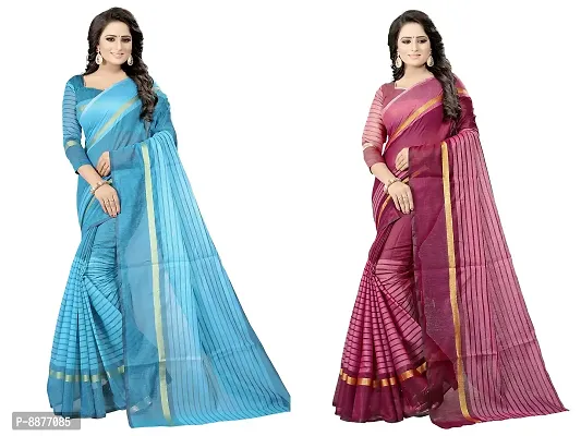 Stylish Fancy Cotton Silk Daily Wear Striped Saree With Blouse Piece For Women Pack Of 2-thumb0