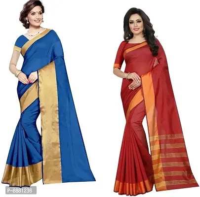 Stylish Fancy Cotton Silk Daily Wear Solid Saree With Blouse Piece For Women Pack Of 2-thumb0