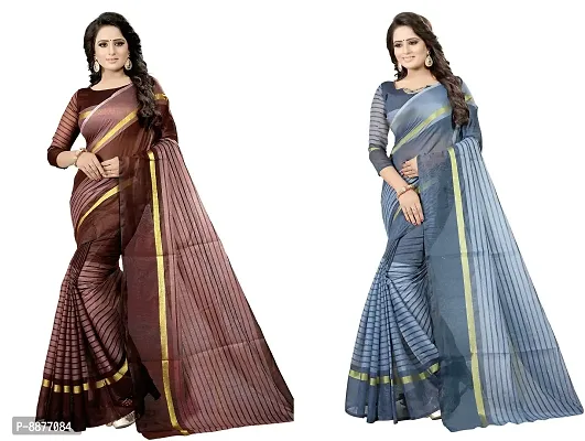 Stylish Fancy Cotton Silk Daily Wear Striped Saree With Blouse Piece For Women Pack Of 2-thumb0