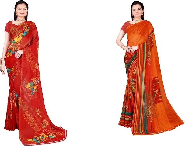 Stylish Fancy Georgette Saree With Blouse Piece Combo For Women Pack Of 2