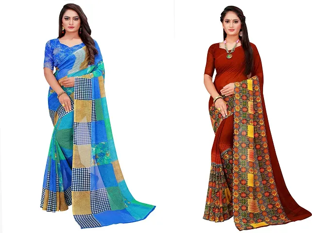 Stylish Fancy Georgette Saree With Blouse Piece Combo For Women Pack Of 2