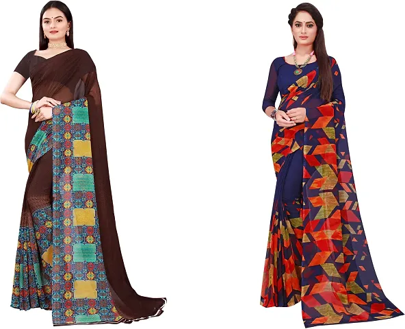 Stylish Fancy Georgette Saree With Blouse Piece Combo For Women Pack Of 2