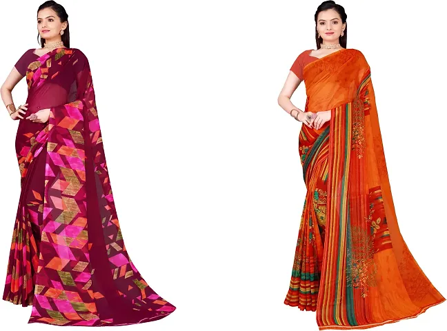 Elegant Floral Print Daily Wear Georgette Women Saree With Blouse Piece -Pack Of 2